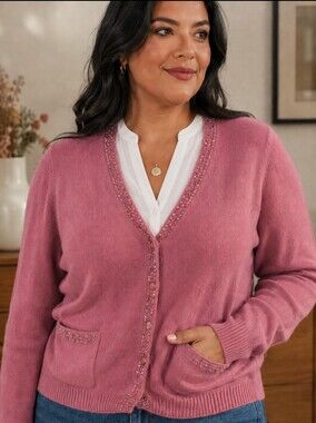 Talbots Pink Lambswool Angora Blend V-Neck Beaded Cardigan Sweater Size LP